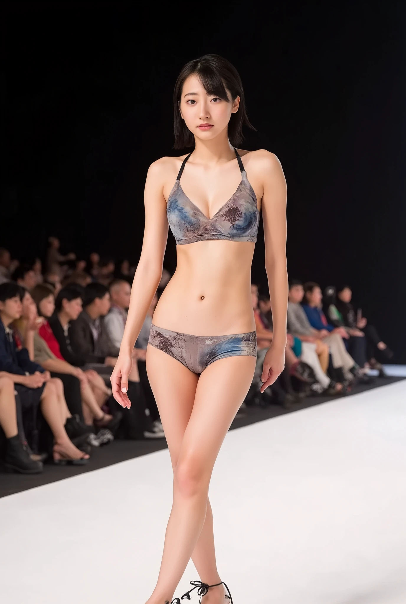 Walking the runway wearing denim shorts、 There is one cute smiling woman posing in her underwear, On stage at a fashion show  

