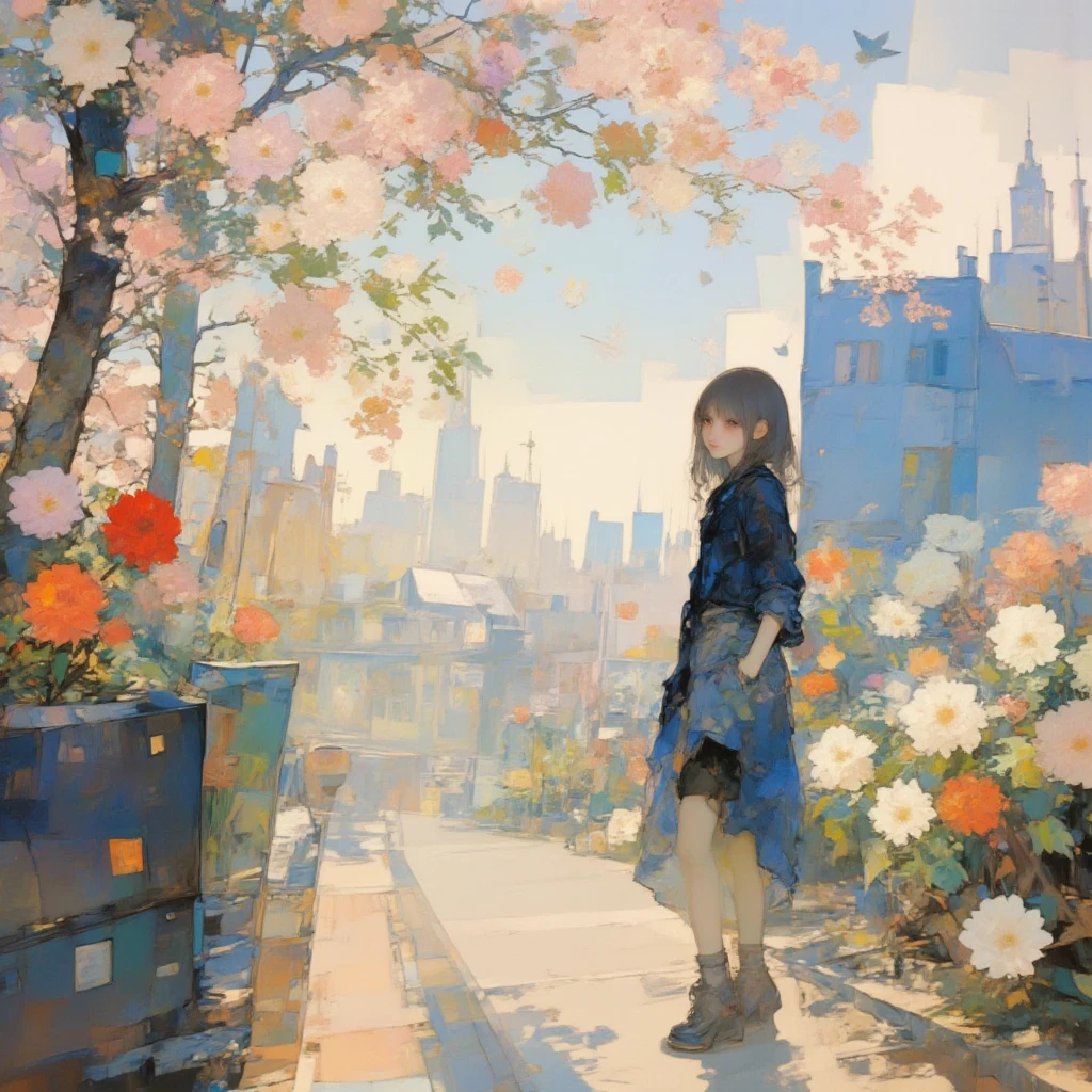 (best quality,4k,8k,highres,masterpiece:1.2),ultra-detailed,(realistic,photorealistic,photo-realistic:1.37)A girl walking in the sky of ChrysanthemumThe dappled sunlight gently announced the beginning of the journey,Water birds were dreaming of the last dream,The beauty of colorful tear drops like glass riding on the autumn wind,The memories of white and black will one day be filled with falling leaves,As if favored by the gods