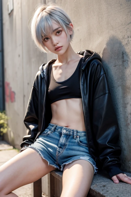 (masterpiece),( best quality:1.2),( very detailed:1.2),( high definition ),(((watercolor))),8k, sitting in front of a wall covered in hip hop graffiti, Cyberpunk neon cityscape,Pixie cut white hair, She is wearing a very short cropped neon tank top and an open hoodie, denim short pants, up shorts, under boob, Nice ass, (flat chest:1.4), nsfw,(((透明watercolor,color,Blur)))