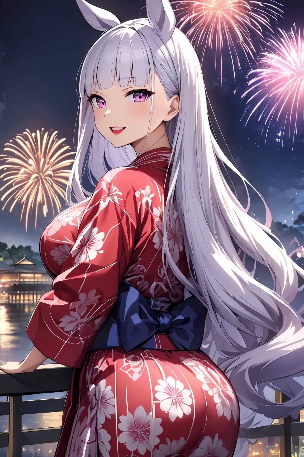 ((Best Quality)), ((masterpiece)), (detailed), （ perfect face）score_9, score_8_up, score_7_up, source_anime, 1girl, Alone, looking at viewer, large breasts, lipstick, Yukata,  kimono, print  kimono, japanese clothes, fireworks, aerial fireworks,  from behind, pink eyes, Heart, night, night sky, festival, railing, arm support, smile, open mouth, bow, gold ship \(Uma Musume\), Horse ears, Long Hair,  Silver Hair,  Blue Ribbon, 