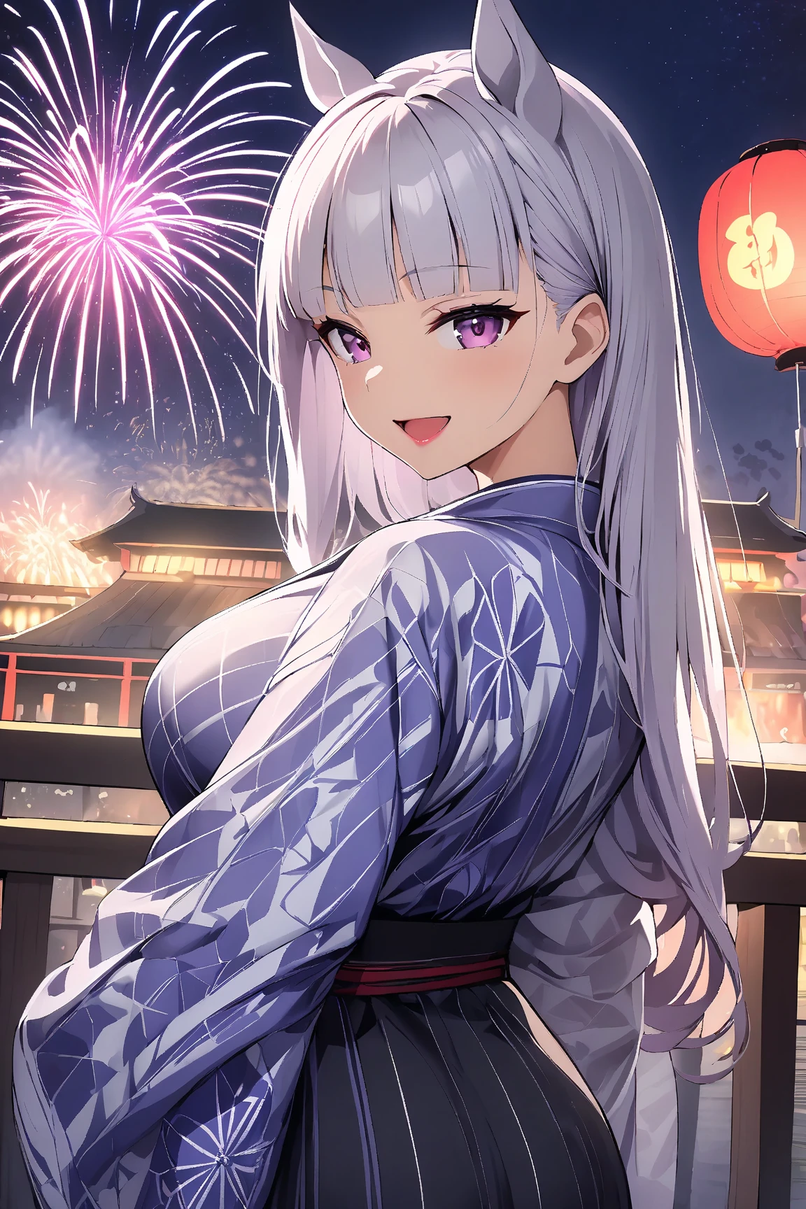 ((Best Quality)), ((masterpiece)), (detailed), （ perfect face）score_9, score_8_up, score_7_up, source_anime, 1girl, Alone, looking at viewer, large breasts, lipstick, Yukata,  kimono, print  kimono, japanese clothes, fireworks, aerial fireworks,  from behind, pink eyes, Heart, night, night sky, festival, railing, arm support, smile, open mouth, bow, gold ship \(Uma Musume\), Horse ears, Long Hair,  Silver Hair,  Blue Ribbon, 