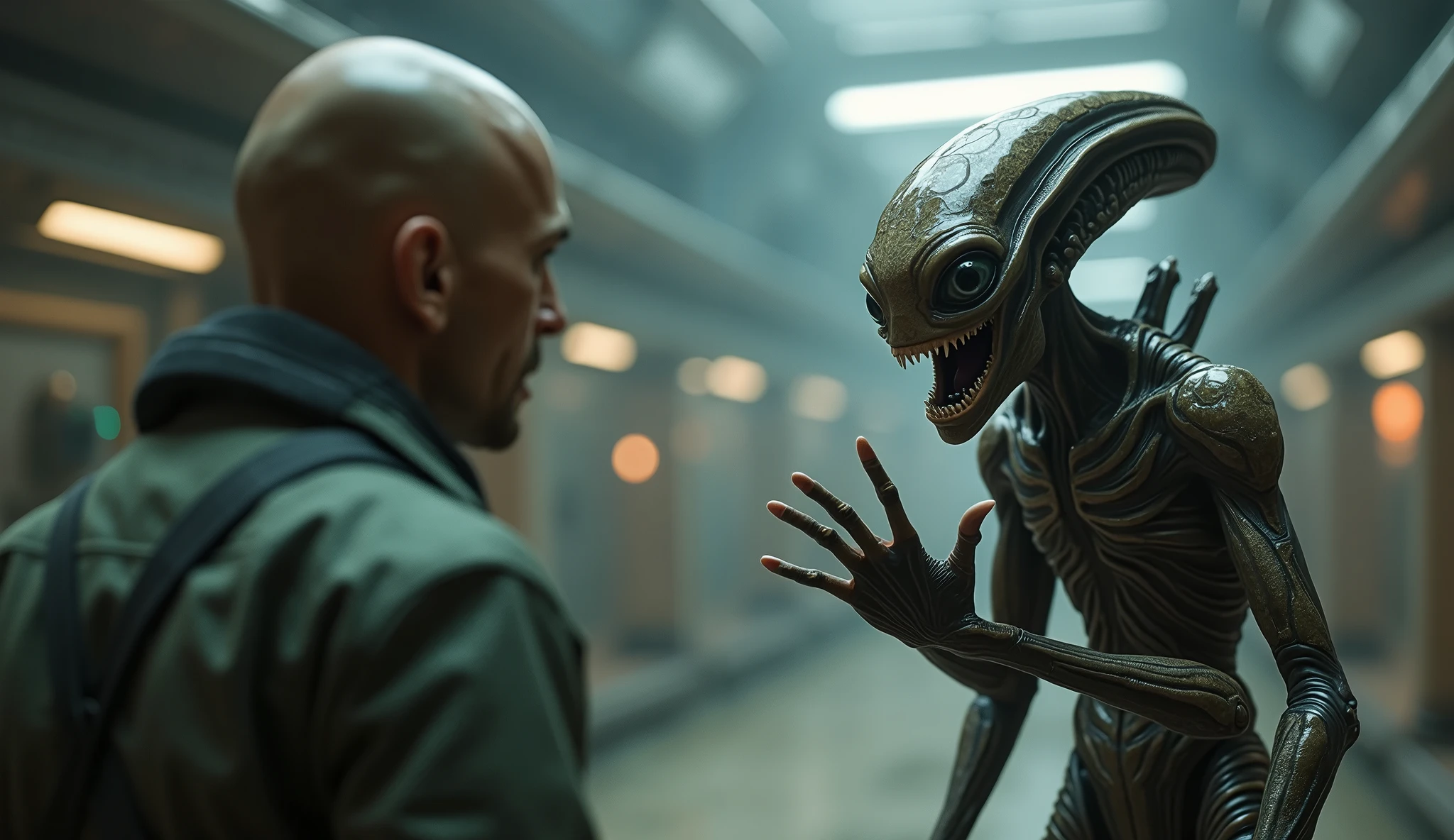 7) A groupie-like alien race (Zaradons?) gather outside spaceship after it lands safely at nearby base, their long snouts making communication difficult for anyone who doesn't know language. The humans inside laugh & point out window towards them but donât say anything except âWelcome back homeâ when one of these aliens finally makes his way onto ship using ramp which causes everyone else to follow suit creating massively crowded situation that only gets more chaotic by second detailed setting, with mist and smoke, and colorful accent lighting