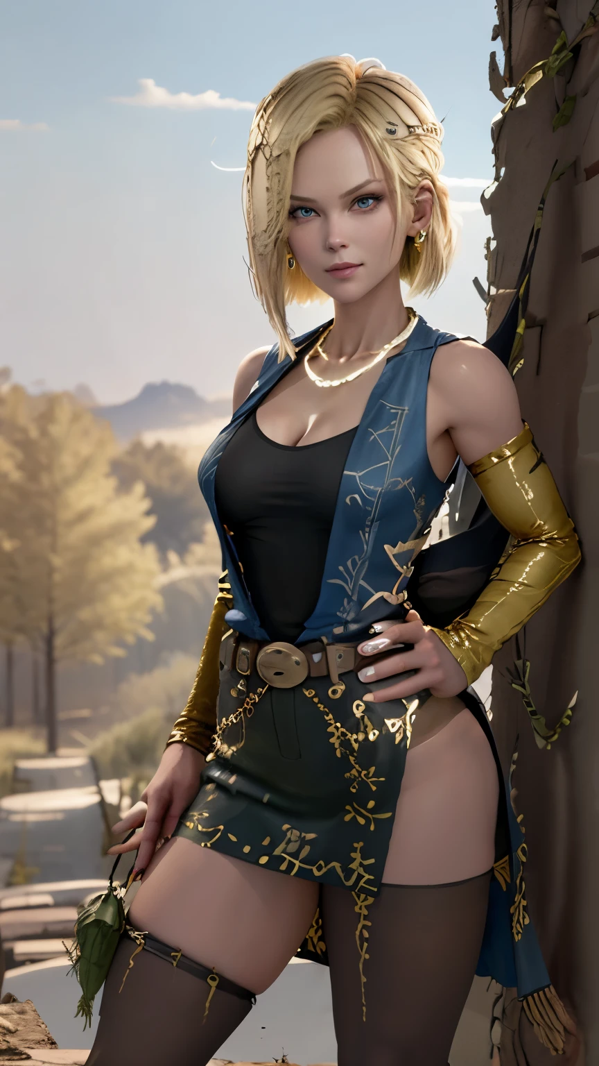 best quality, high-res, and18, 1girl, android 18, solo, blonde hair, blue eyes, belt, blue demin bodycon skirt, gold necklace, black shirt, short hair, long sleeves, striped sleeves, earrings, open vest, blue denim vest, large breasts, cowboy shot, forest, straight-on, (weather: windy), combat ready position, full length pantyhose, battle ruins, wide hips, shy smile,