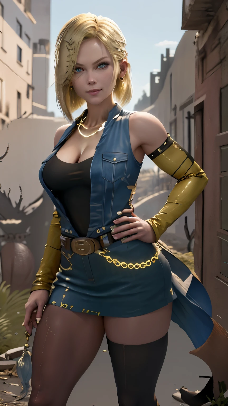 best quality, high-res, and18, 1girl, android 18, solo, blonde hair, blue eyes, belt, blue demin bodycon skirt, gold necklace, black shirt, short hair, long sleeves, striped sleeves, earrings, open vest, blue denim vest, large breasts, cowboy shot, forest, straight-on, (weather: windy), combat ready position, full length pantyhose, battle ruins, wide hips, shy smile,