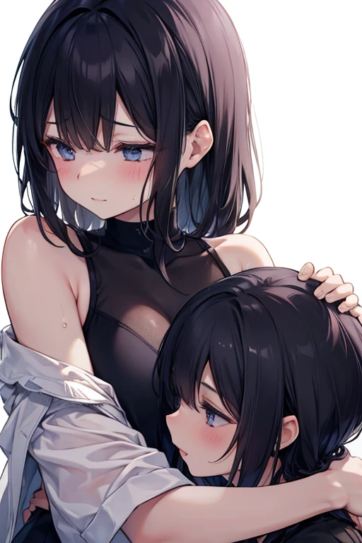 (adult woman: 1.2), (beautiful mature woman: 1.2), very detailed, beautiful, professionally drawn, bright sky, shiny detailed breasts, (erect nipples: 1.1), (perfect beautiful skin), (2girls:1.4), (height difference: 1.4), (size difference: 1.1), (yuri:1.2), (girls bedroom: 1.1) (two girls where one of the girls is much bigger than the other girl: 1.1), they love each other, big breasts, bra, cowboy shot, they are looking at another, looking in each others eyes, staring at each other