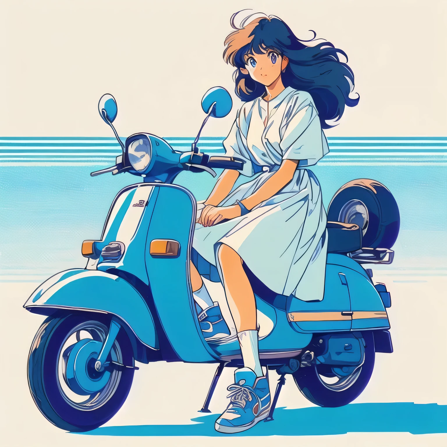 anime girl on a scooter with a blue background, retro anime girl, 8 0 s anime art style, an retro anime image, lofi girl, style of satoshi kon, satoshi kon artstyle, 1980's anime style, by Satoshi Kon, 8 0 s anime style, 8 0 s anime vibe, style of alena aenami