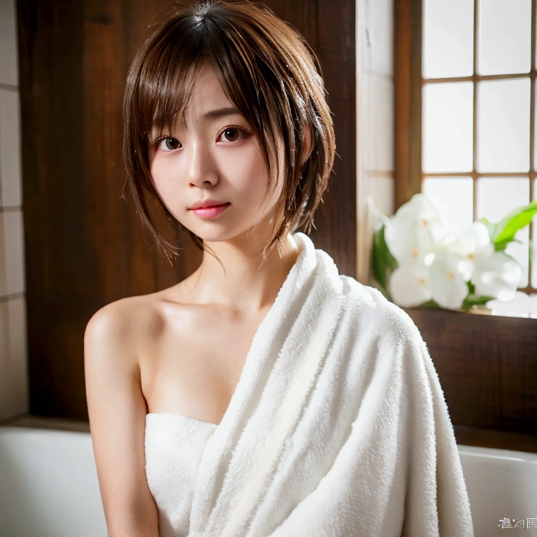 Nipples are visible、(natta:1.7), East Asian Architecture, 1womanl,Sitting on tatami mats, brunette color hair,(hair between eye), Lip flap, sixteen years old、(Beautiful shiny straight short long:1.2),Beautiful fingers,Beautiful long legs,Beauty Body,Cute nose,Beautiful character design,perfect ace perfect,looking at viewert,(Innocent_Big_Eyes:1.0),(light_Smile:0.3),offcial art,Very detailed CG Unity 8K wallpaper,Perfect litthing,highly colorful,Bright_front_Face_Lighting,(tmasterpiece:1.0),(best_quality:1.0), 超hight resolution,4K,ultra - detailed, photography of, 8K, nffsw, hight resolution, absurderes:1.2, Kodak Portra 400, film grains, the background is blurred, Bokeh:1.2, Lens Flare Glow, ( Vibrant_Color:1.2) (Beautiful,Large_breasts:1.4), (Beautiful_Face:1.5),(narrow_waist-up),8K,Raw photo, 、Relax at a ryokan in Japan、The background is an everyday room of an ordinary inn Drawing the inside of the room (The subject is everyday life:1.3) Cluttered and scattered with daily necessities and clothing、(Depict the inside of the room more widely:1.2) Beautiful view from the window of the inn (Girls are not subjects:1.3) The rooms in the inn are cluttered (Girl Standing On Balcony:1.3) External backlight Flare is coming out (Hair after a bath:1.3),((Naked with a bath towel wrapped around the side:1.3)) ,(Hair is wet:1.3)