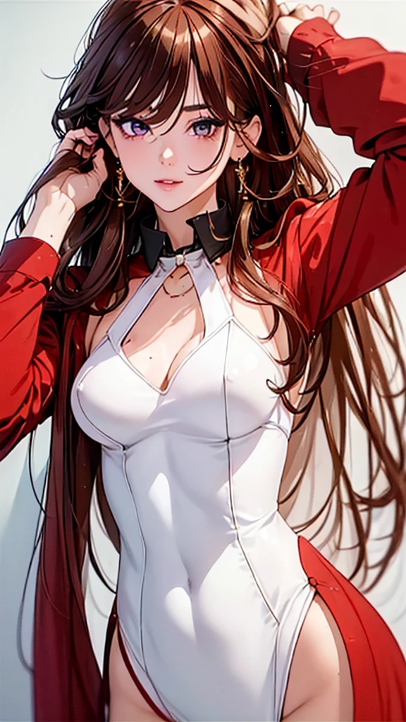 A masterpiece of the highest order, ultra high precision, ultra high image quality, 8K quality, realistic anime style, a woman, a perfect woman with the best anatomical and ergonomic face and body, a well-proportioned face and body, (((Long hair:1.3))), (((shiny Crimson red hair))), (((very long bangs:1.2))), a slim face, ((narrow deep clear Yellow eyes)), (((deep glossy and shining eyes))), (((eyes with highlights))), (((very long eyelashes))), thin red lips, a tall and slender body, (very large and heavy breasts:1.4), tight waist, large hips, white skin, moist and lustrous skin, (((Red colored bunny costume))), (((large earrings))), (((Bunny girl's ears, Cuffs, collar, bow tie))), (((beautiful smile))), mysterious atmosphere, great presence, ((upper body, sexy pose))
