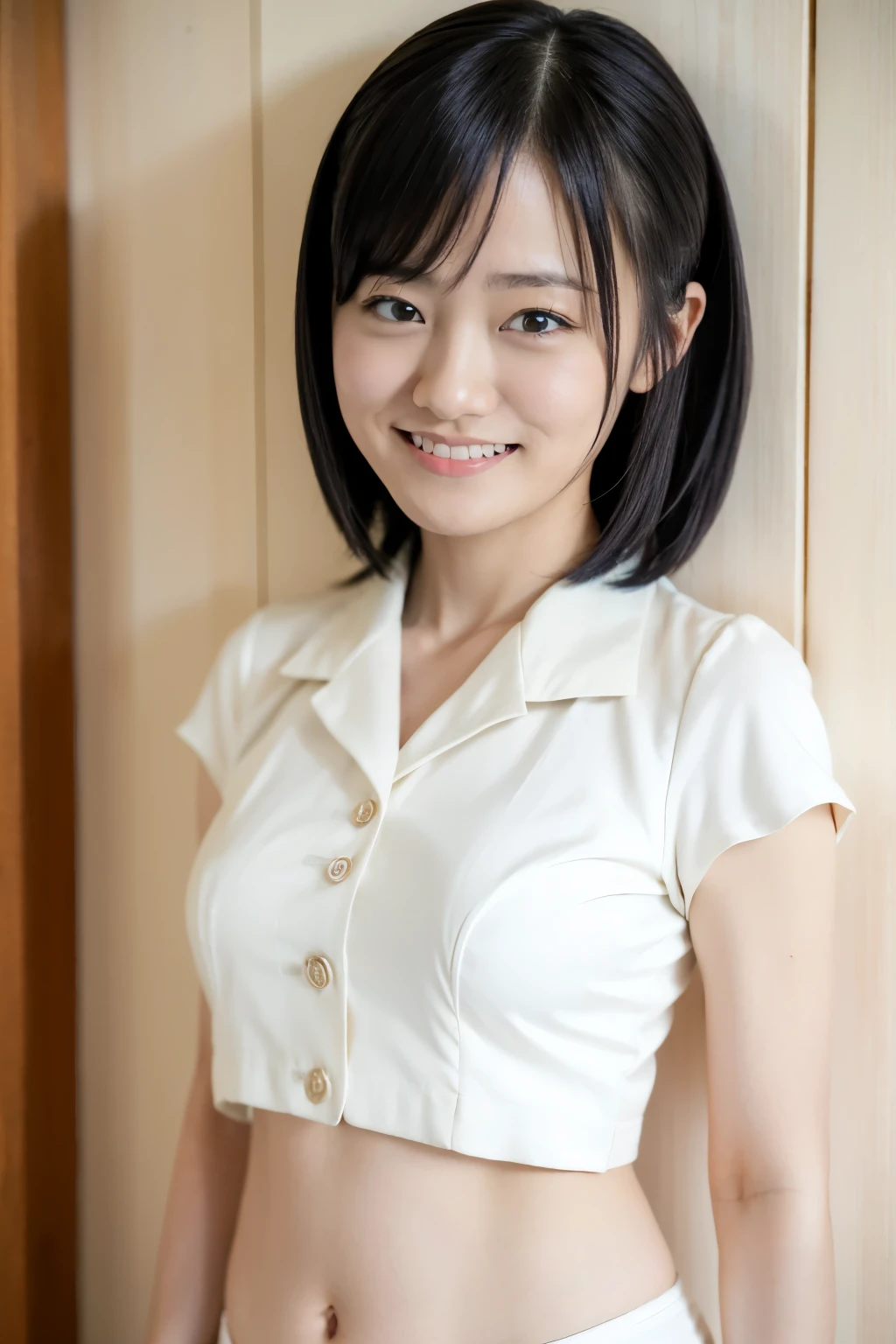 ( best quality, mastepiece:1.2),8K, ultra high resolution, super detailed, best quality,Looking at the viewer, perfect lighting with bright hair,Flat Light, Ultra High Quality, ultra high resolution, mastepiece, photorealistic, detailed face in a business suit, saki ogawa,White Laced Underwear , smirk,belly button,Thighs、(Yawning))