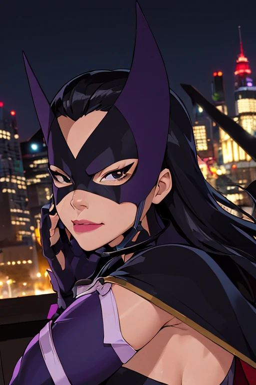 ((masterpiece,best quality)), absurdres,
Huntress_JLU, upper body, cape, detailed mask, smug,
night sky and city lights in background, cinematic composition,