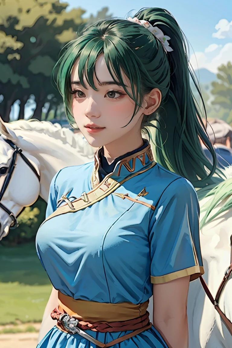 (masterpiece, best quality),  intricate details,
1girl,   lyn_(fire_emblem), 1girl, solo, ((green hair)), long hair, green eyes, high ponytail, blue dress, large breast, jewelry, fingerless gloves. hair ornament, lyn_(fire_emblem),
shooting range, she is holding an arrow, bows behind her back, white horse beside her, 