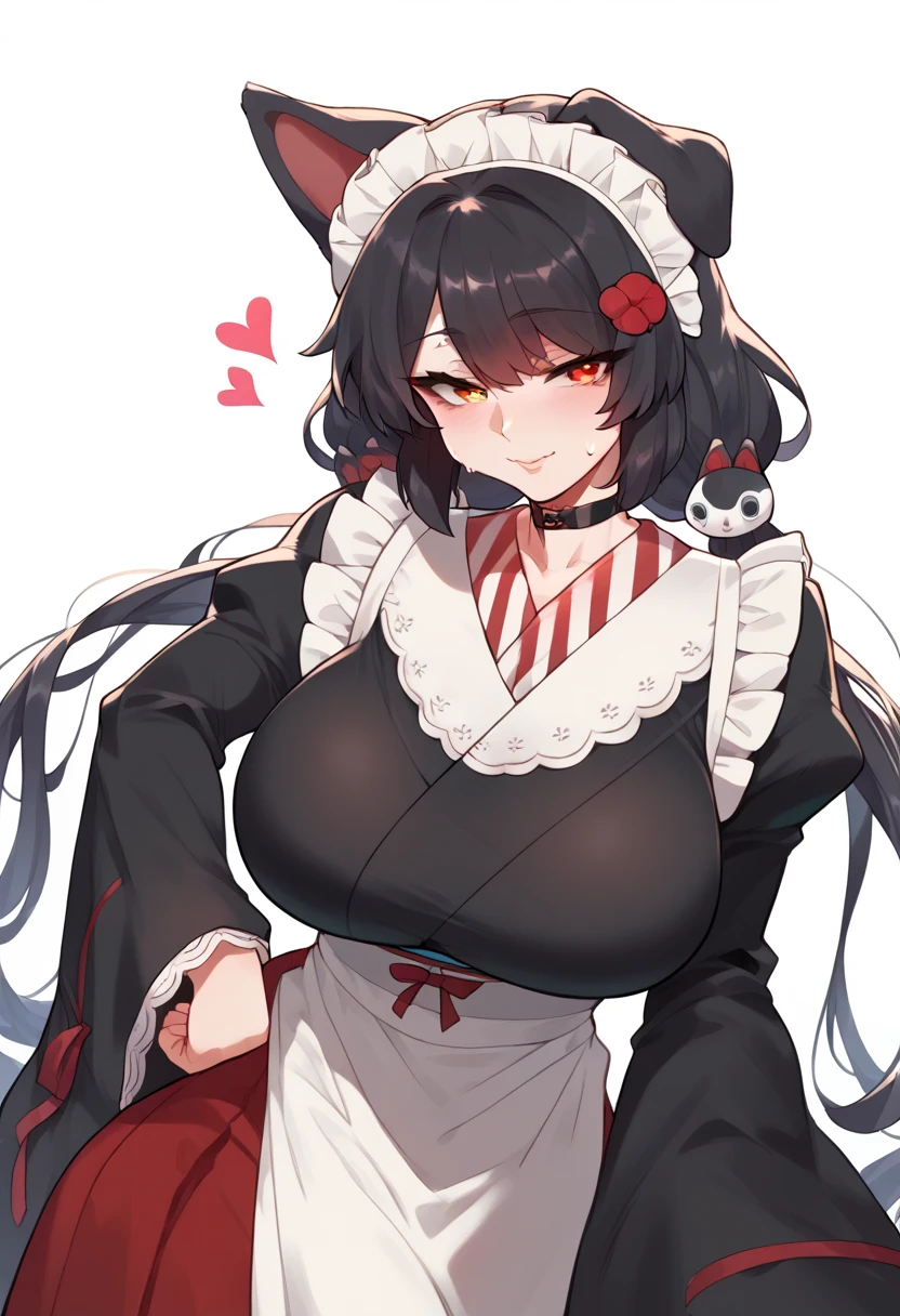 Hyper realistic, it1, flower, twintails, low twintails, very long hair, dog girl、
choker, maid headdress, black kimono, wide sleeves, frills, Heart, white apron, sleeves past wrists, skirt, red skirt, perfect face, perfect lighting,, sexy female, huge breasts, sweat, hanging breasts, Stand upright with your hands on your hips、、 cleavage