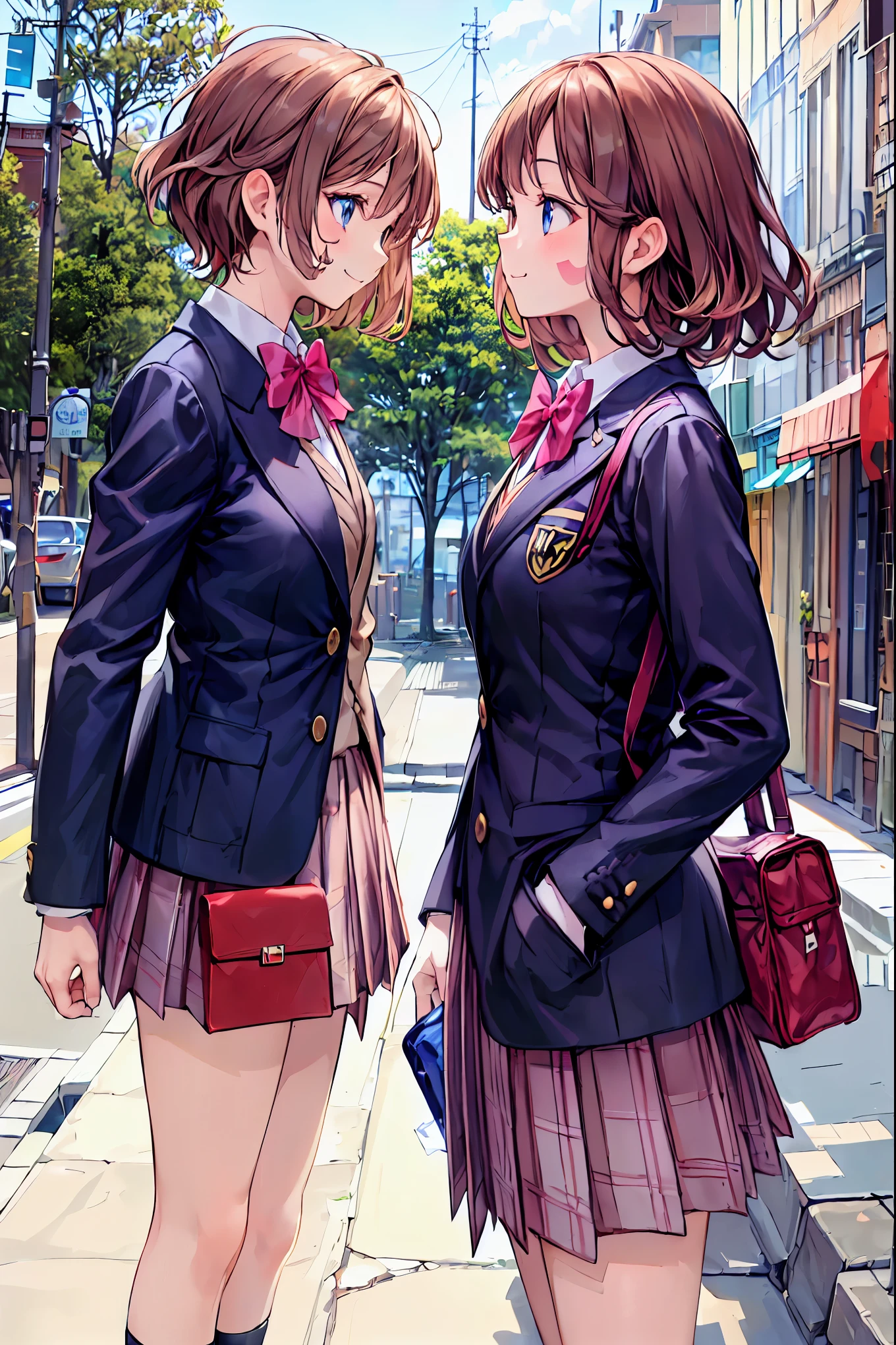 brown hair on the abdomen, shortcuts,Bedhead, slender beauty,Positive Attitude,active,active,((whole body)), Thin ,Small box, beautiful legs, Her charming gray-blue eyes shine like stars,(masterpiece:2.0), ( best quality:2.0), (ミニスカート ショート丈 女子高生blazer uniform:1.5), ( profile:1.5), (Red face:1.3), (Realistic:1.5), 1 , Precision small handle, embarrassing looks , smile, Very nice girl, innocent face, Young Face, Clear Eyes, 輝く目Small box, beautiful skin , peace sign, Super Resolution , Highest resolution Japanese girl , blazer uniform, brown hair on the abdomen,