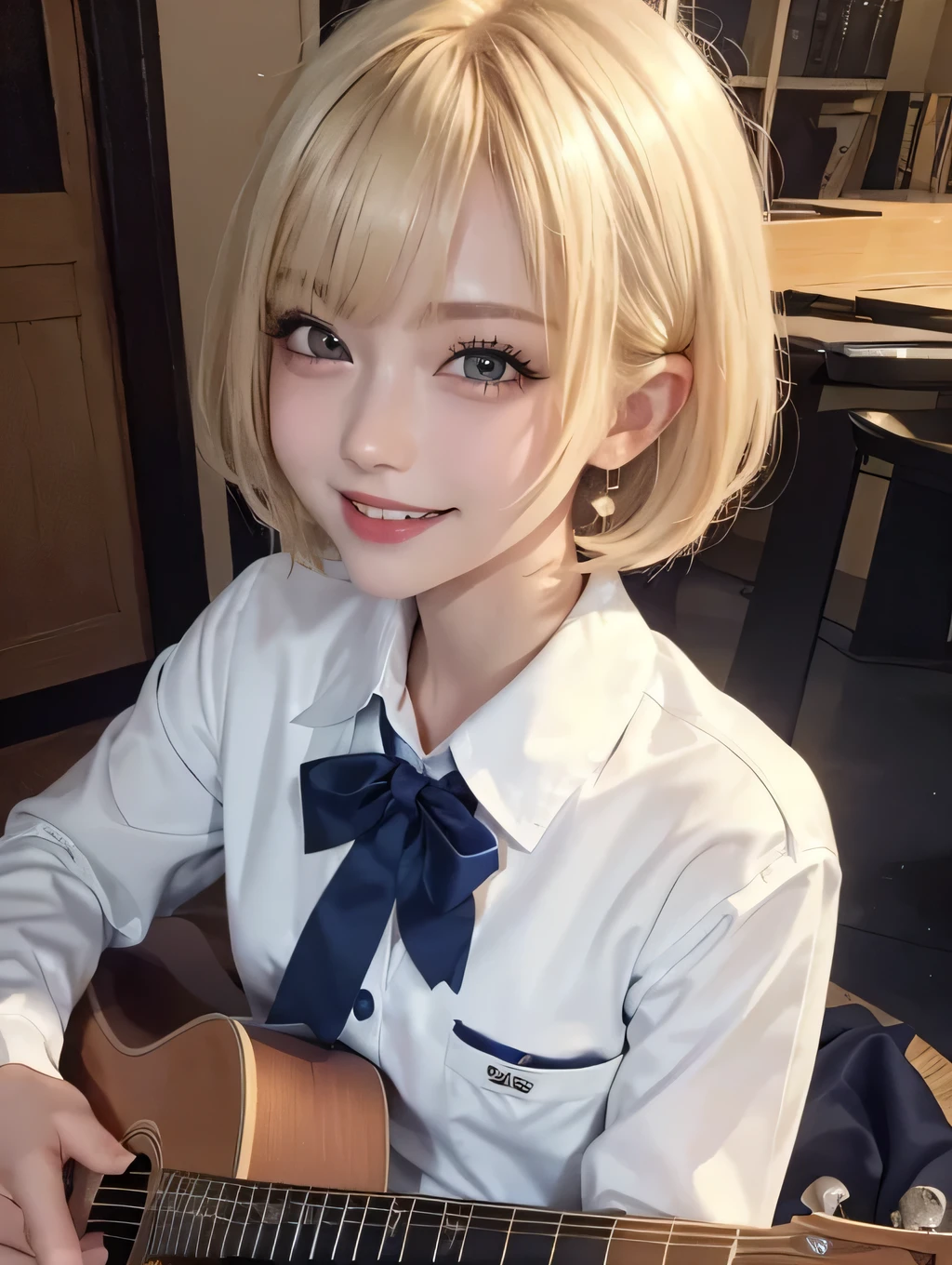 {masterpiece}, (1woman), (pov), (portrait), (close up), (look at viewer), (sitting), (music room, in the night), 20years old, ((blonde hair, handsome short hair)), (big smile), ((playing the guitar)), ((high school uniform)), (long sleeve navy blazer), (white shirt), (navy skirt), ((costume focus)), Korean
