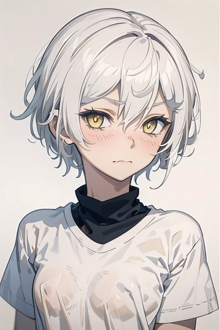 masterpiece, best quality, high quality, 1tomgirl, solo, looking at viewer, upper body, closed mouth, (tshirt), gabimaru, white hair, yellow eyes, cute symmetrical face, (boyish girl face), small breast, shy face