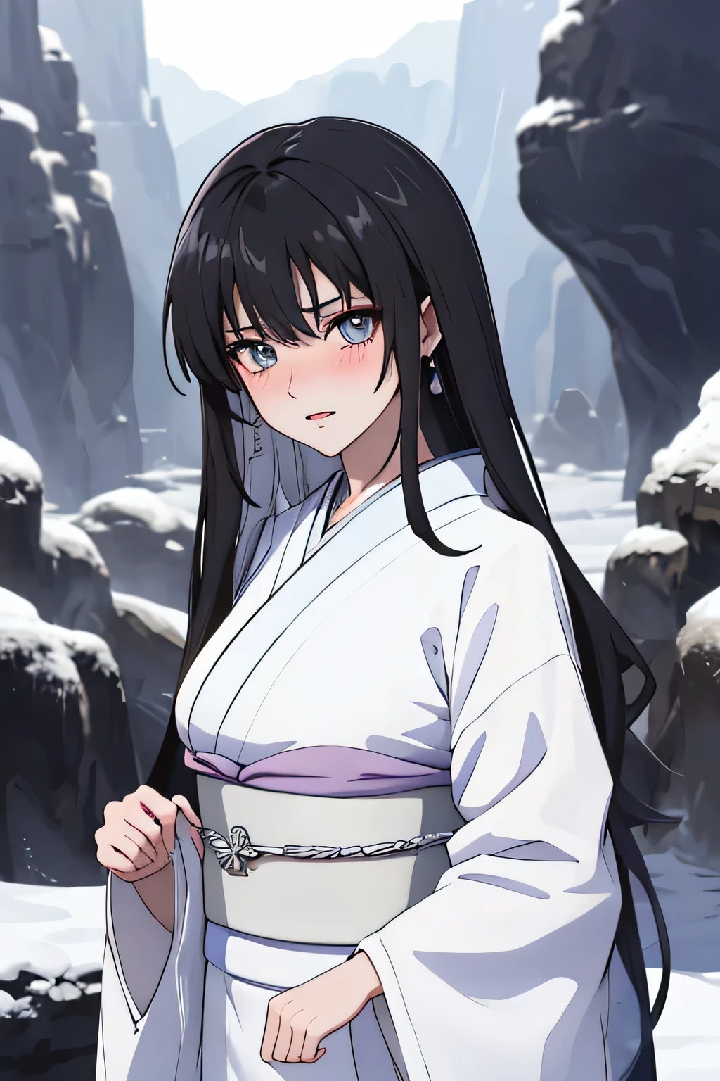 Masterpiece, Best Quality, Coloured image,Hi-Res, source_anime, (good_hands:0.9) , 1girl, silver eyes, focused eyes, black coloured hair, long hair, white kimono, big breast, looking at viewer, standing, from front.stand, outdoor, snowy ground ,snowy background, cliff, canyon, daylight , Glossy oily Skin, blushing, dramatic shadows, cinematic sun lighting, (light particles:0.8)