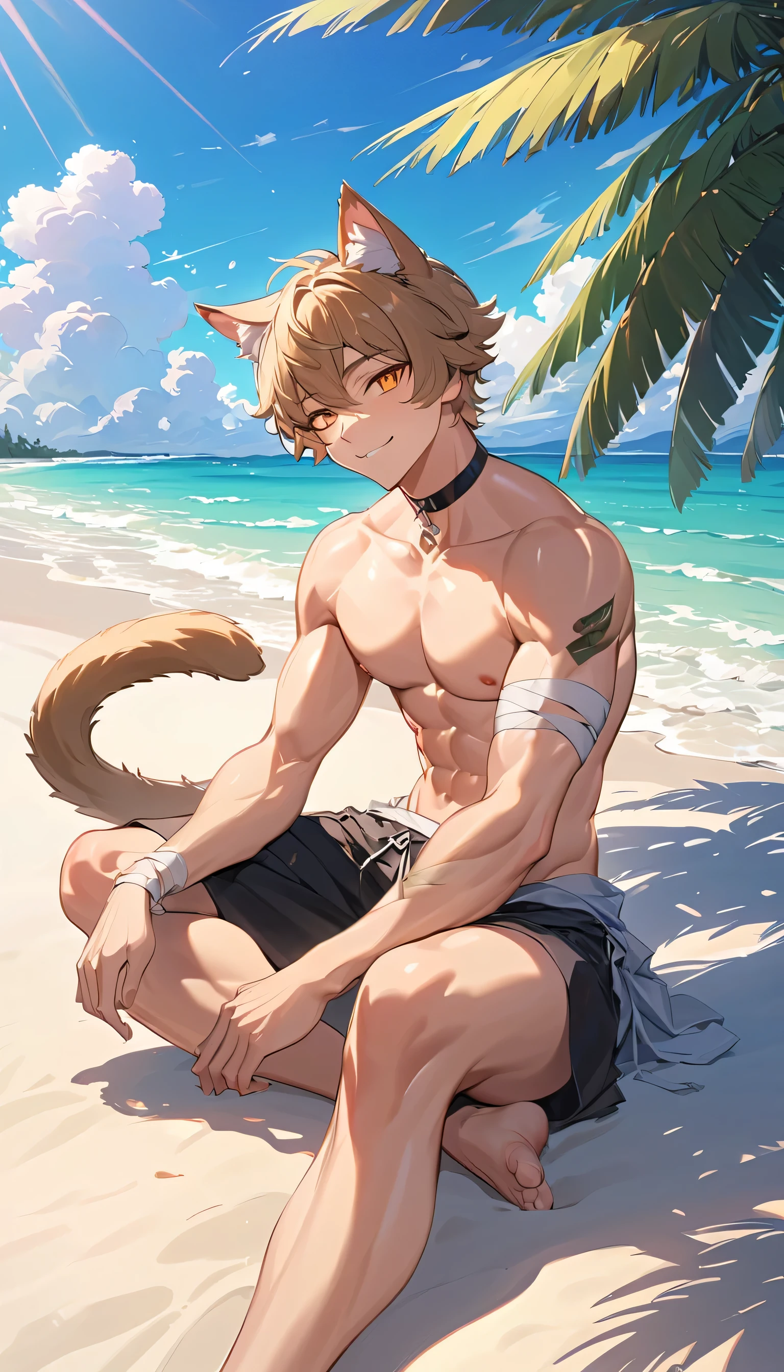 (Bright Environment: 0.8), Masterpiece, High Quality, Abstract Res, Digital Painting\(Artwork\), by Dagasi, Yupa, Kiyosan, (Anthro, Fluffy Fur, Character Focus: 1.1), Anthro Male Cat, Short Hair, Portrait , bright eyes, panorama, character focus. (Background: 0.7), Solo, Furry, Hairy Male, Male Focus, Anthr, (Full body fur, A fluffy tail, Grey fur, Black eyes, Brown hair: 1.2), (Long canids, brown shorts, Abs: 1.2), (External, morning, beach: 1. 1)