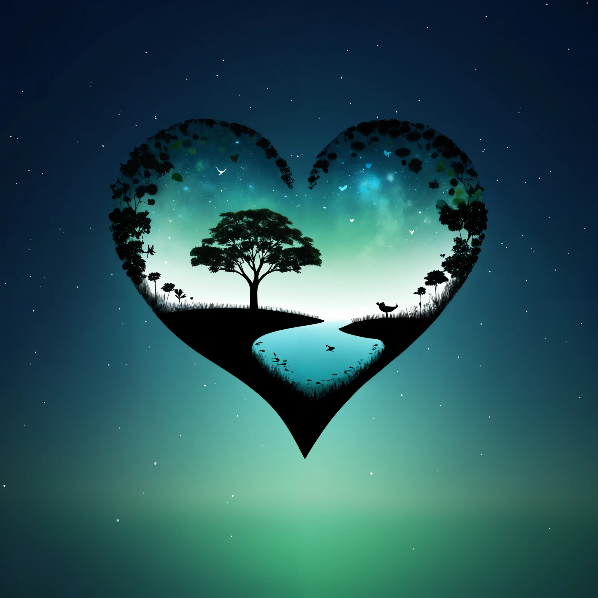 Silhouette of the entire planet、Green nature、Blue Sea、 gradient 、Heart-shaped tree、Water Drop、universe