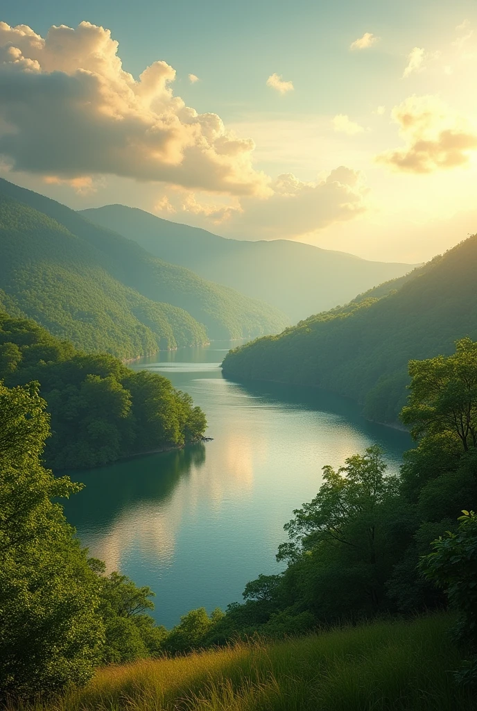 a breathtaking landscape of rolling hills, lush forests, and a serene lake, sunlight streaming through the trees, (best quality,4k,8k,highres,masterpiece:1.2),ultra-detailed,(realistic,photorealistic,photo-realistic:1.37),stunning natural beauty, cinematic lighting, vibrant colors, dramatic clouds, detailed foliage, tranquil atmosphere, serene and peaceful, romantic and idyllic, picturesque scenery, intricate details, soft focus, warm tones, golden hour lighting