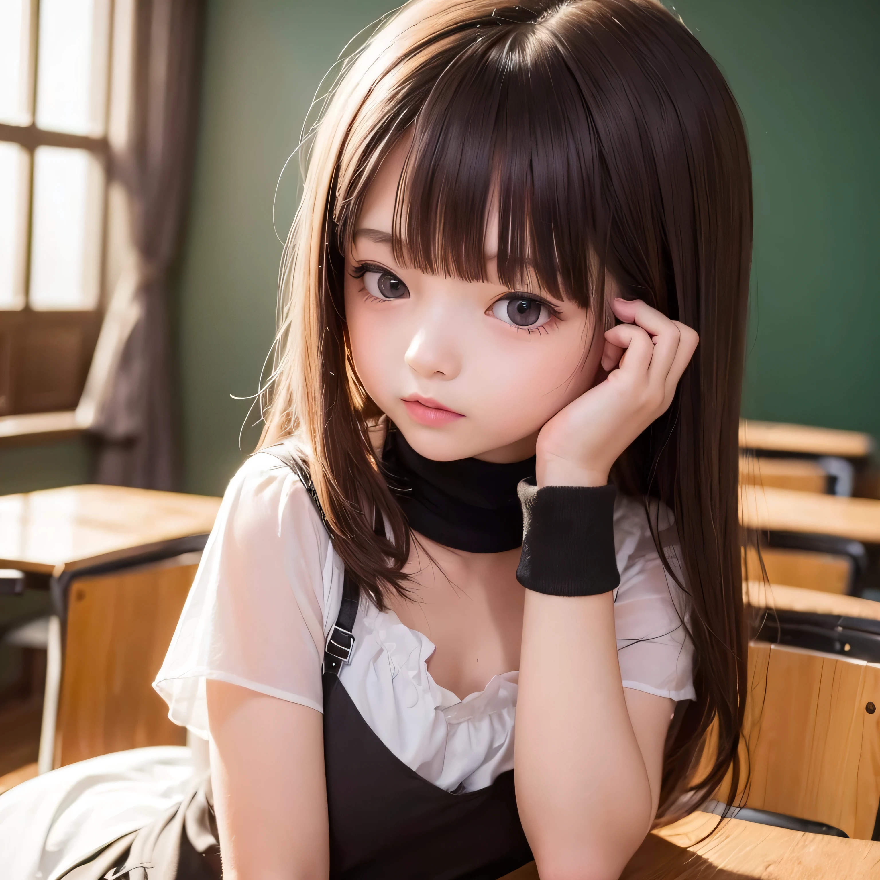 A is writing a letter at his desk..、realistic pictures ,masterpiece, highest quality、Spreading black hair、bob cut with trimmed ends、(flat chest)、girl'my room、flower wallpaper、10 years old、pink and purple fiece costume、see letter、Eyes in Love、Throb、cheeks are red、write a letter hard、seems to be happy、A letter with a red heart pattern on the desk