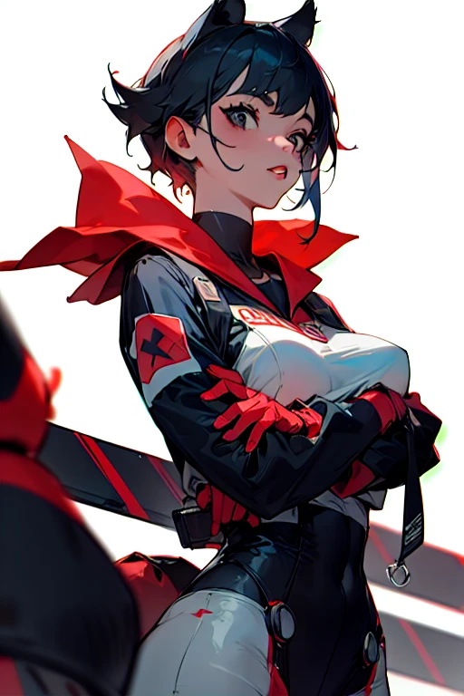 (masterpiece, sidelighting, finely detailed red eyes: 1.2), ((best quality)), ((masterpiece)), (highly detailed:1.3), anime, girl, , childish body, bodytight red t-shirt, open jacket, oversized grey shorts, pale skin, (shadowed eyes, darkened eyes, glowing red eyes), (smirk, mischevious grin), (short-medium hair, brown hair, messy haircut, spiky hair, hair between eyes, hairclips on left side), small cross earrings, red tatto on left hand, hands is hidden behind, scar on left hip, solo, 1girl,
