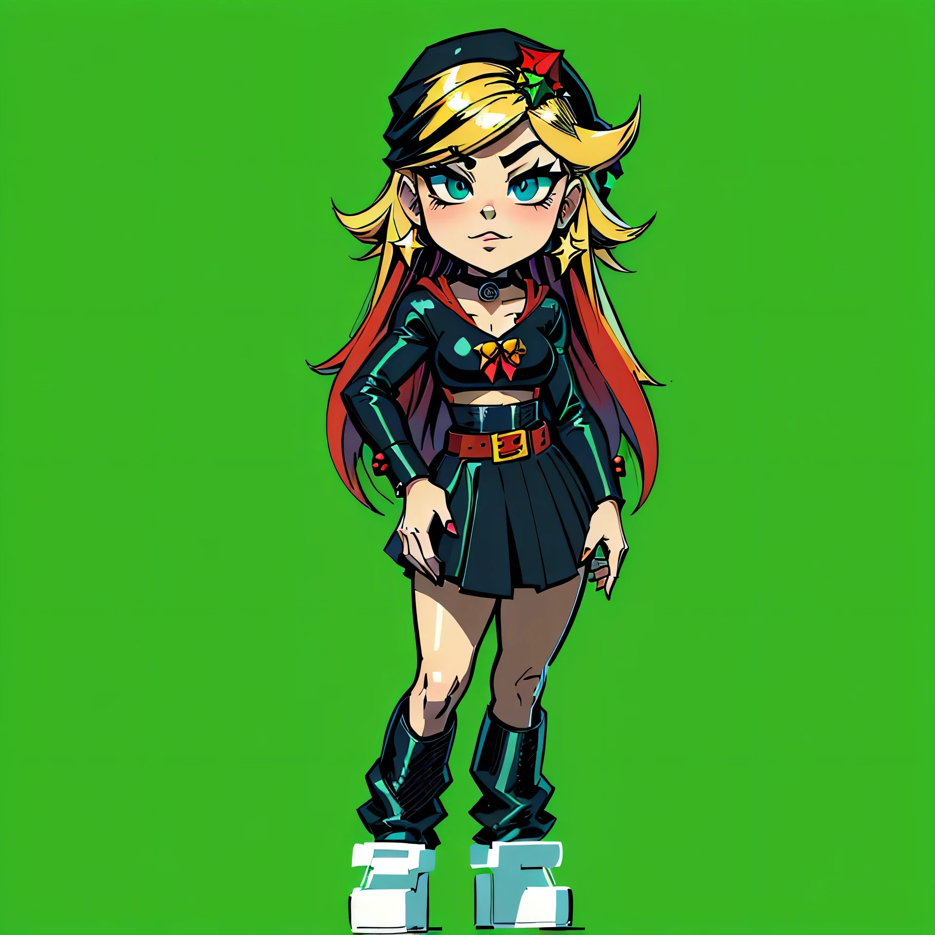 a close up of a cartoon girl with long hair and black clothes, cartoon artstyle, charicature, in cartoon style, cartoon digital art, epic 3 d abstract emo girl, advanced digital chibi art, chibi style, digital art cartoon, design your own avatar, goth girl, anime vtuber full body model, cartoonish cute, cartoon art styleChristmas,((young people:1.5)), ((Beautiful Hardcore Illustration homepage illustration style:1.2)),dark,((Red Christmas Hat:1.5)), high resolution, ((hard touch illustration:1.2, strong outline,Christmas style, Christmas fashion, 8k, ((American comic style:1.2)), colorful background, Hiroyuki Nagasaka, aggressive, beautiful face, cool beauty,beauty style, red color, battle, Hard illustration, blond colored hair, backwards,