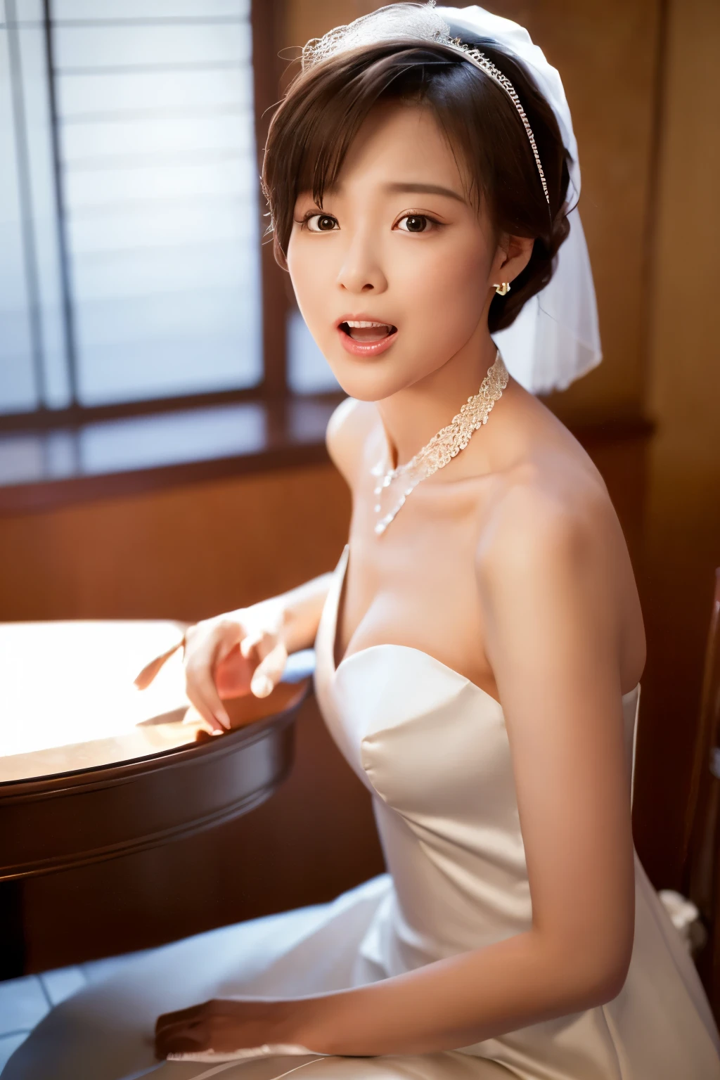 (Best Quality, 8k, 32k, Masterpiece, UHD: 1.2), Dainty Japan Woman Pictures, 1 Young Girl, (Medium-Short Dark Brown Hair), Double Eyelids, (Big: 1.2), Sexy, (Wedding Dress, Wedding Veil)), (Deep Slit: 1.2), (Smile: 1.1), (Overhead Shot), Off-Shoulder, (( In the church)), showing cleavage, face focus, cleavage cutout