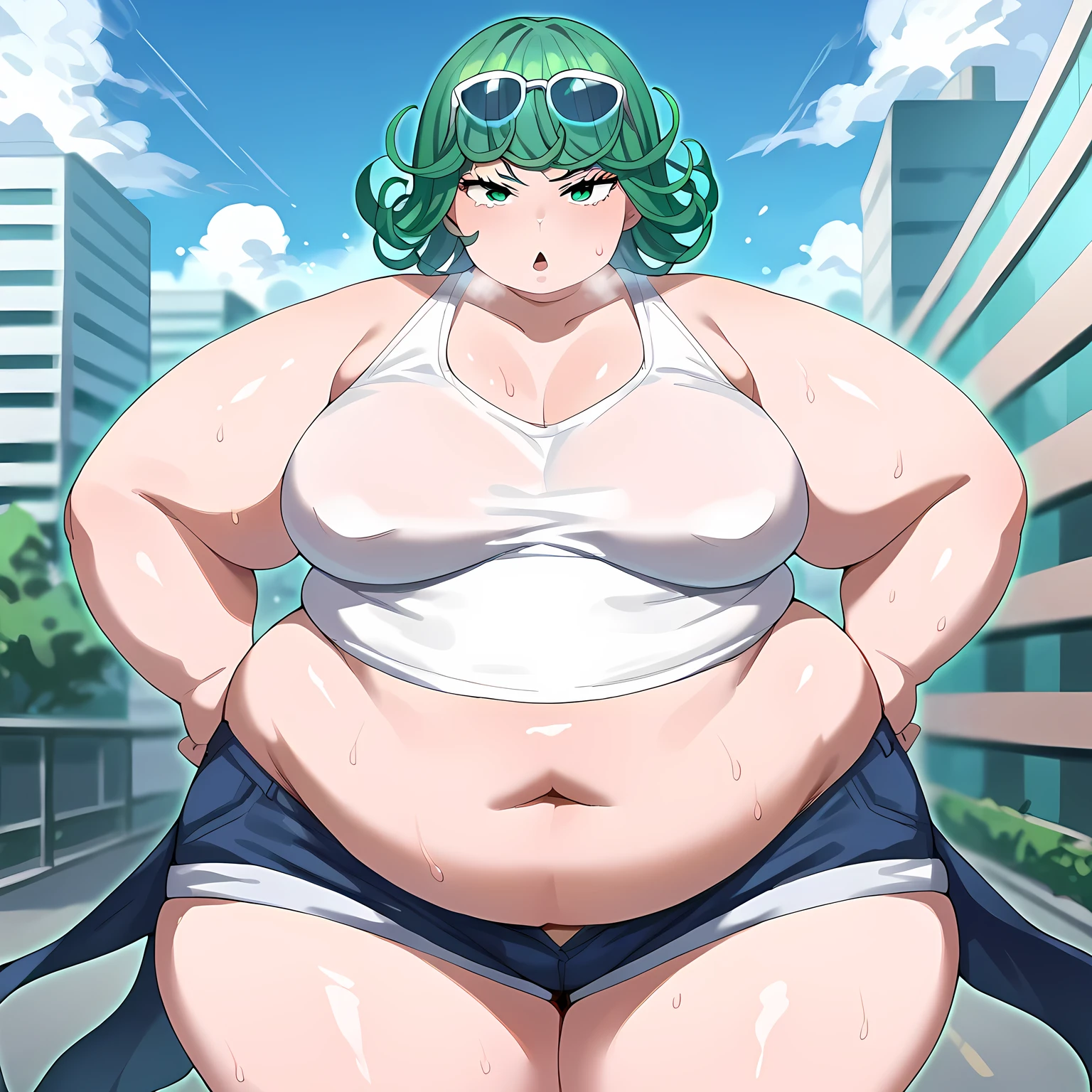 score_8_up, score_7_up, score_6_up, score_5_up, score_4_up, anime screenshot, looking at viewer, upper body, 1girl, tatsumaki, green hair, green eyes, short hair, curly hair, thighs, looking at viewer, white tank top, Micro Denim high- leg Shorts, tuck in, eyewear on head, BREAK standing, looking at viewer, city, , Underarm sweat,   fat, chubby, obese, gigantic arms and legs, large breasts open mouth, out of breath
