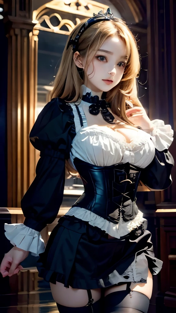 hair ornaments、corset diagram、whole body、Photo taken from below、one beautiful maid、((blonde upstyle hair))、indoor
