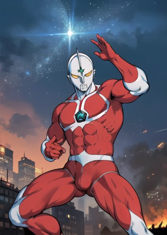 masterpiece,  best quality,(Realistic Touch,Burning City), Ultraman,120m tall , metallic skin,Combat pose,Robust， crotch bulge，Stocky build、Thick chest、 manly 、