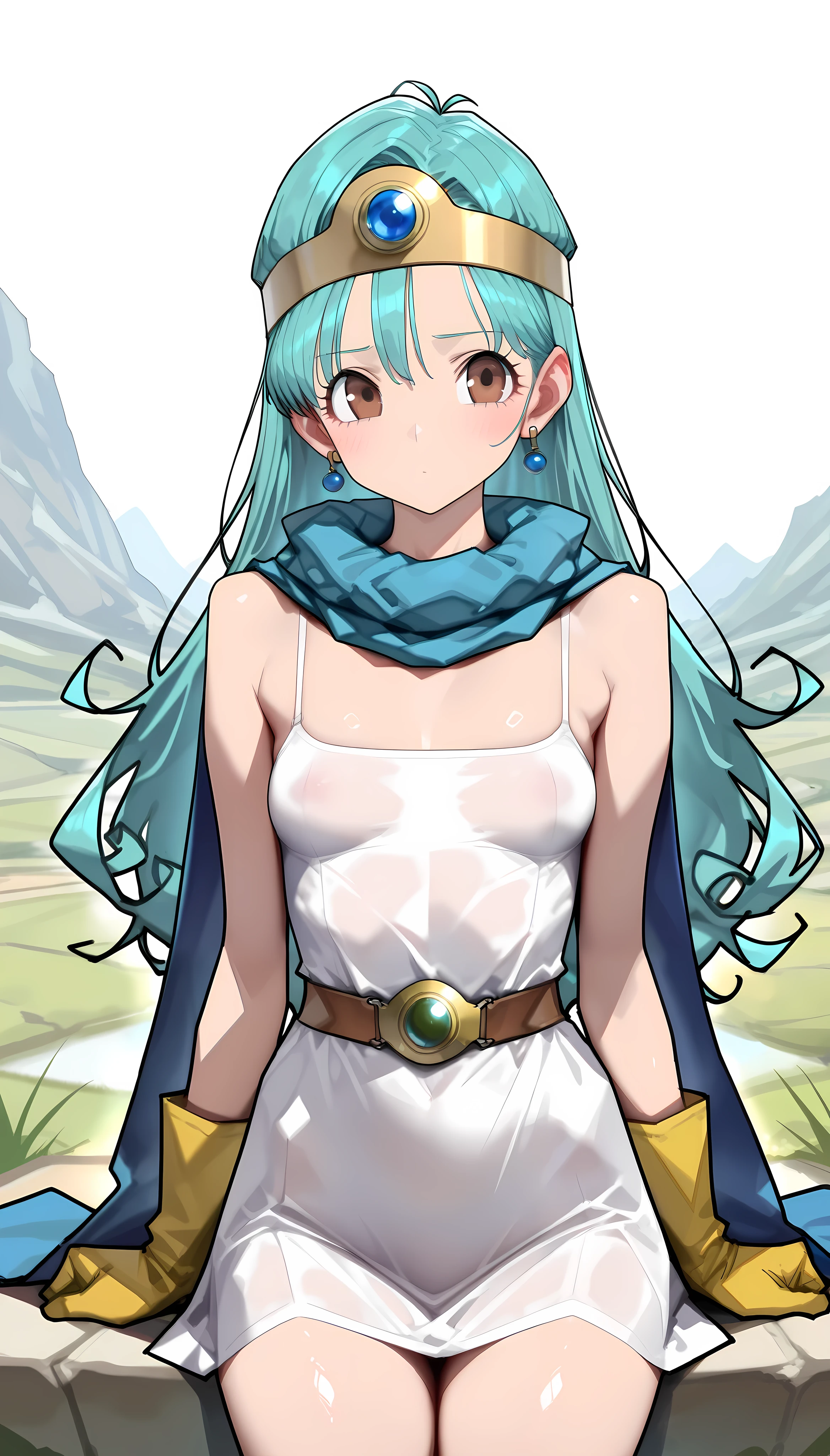 complex body, beautiful exotic,,bright blue hair and perfect body, blue eyes, , Beautiful and delicate body and face, beautiful body, , highest quality, super detailed, figure, sage_(DQ3), 1 girl, (holding staff, staff:1.3), alone, long hair, bright blue hair, circlet, red eyes, yellow gloves, white dress, belt, cape, boots, cleavage, bare shoulders, underwear, cowboy shot, Grass