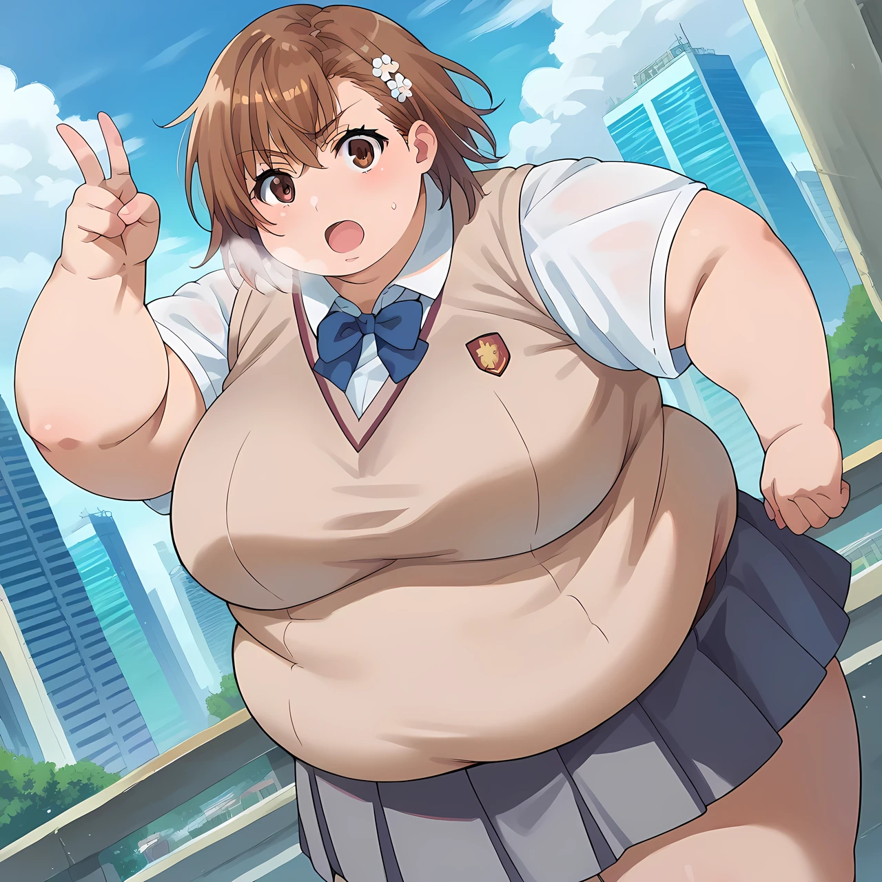 score_9, score_8_up, score_7_up, source_anime,
mikotomisaka, mikoto misaka, short hair, brown hair, hair ornament, hair flower, brown eyes,
skirt, shirt, school uniform, white shirt, short sleeves, pleated skirt, grey skirt, sweater vest, tokiwadai school uniform, v-neck,
outdoors, cityscape,
looking at viewer, cowboy shot, dutch angle, dynamic pose, fat, chubby, obese, gigantic arms and legs, large breasts open mouth, out of breath