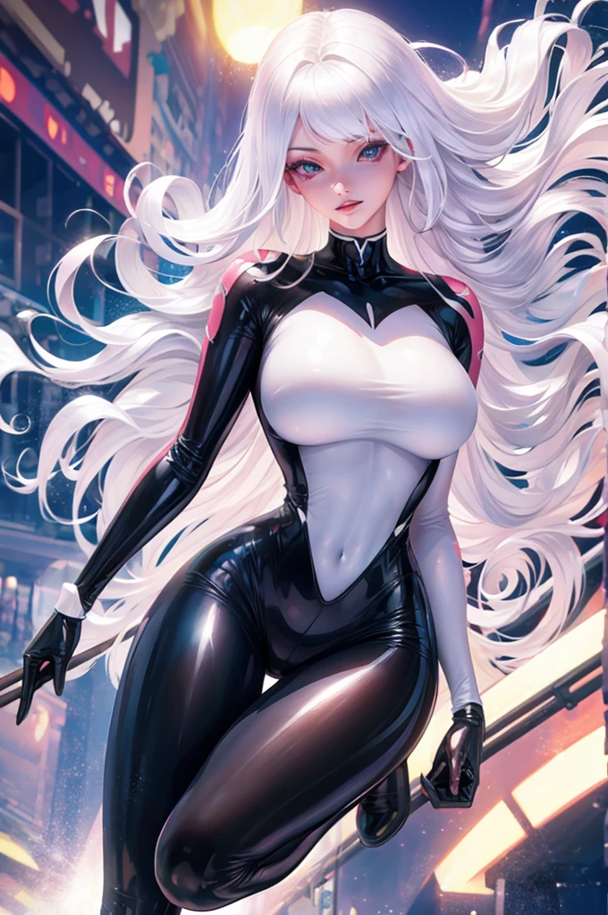 white hair, black latex, latex suit, latex, anime girl, full body illustration