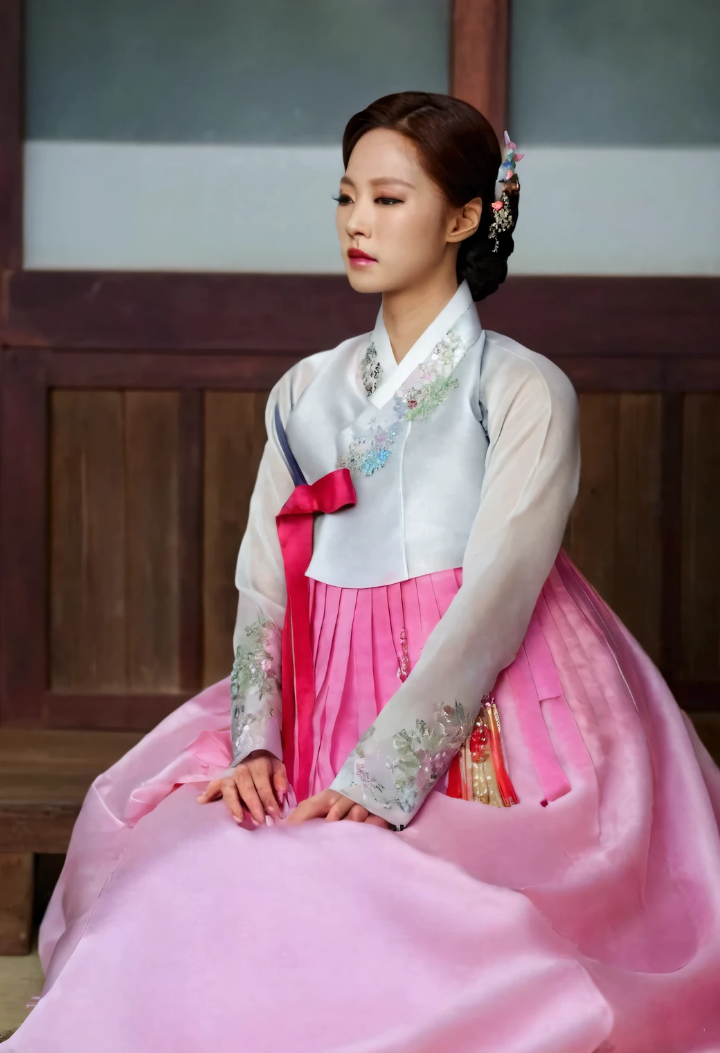 A Korean man in women's hanbok, hi is crossdresser, His face and hairstyle are very masculine, silk, Mother of the Bride hanbok Dress Outfit, breasts like a woman, pink and red, slender female body, sexy see-through jacket, satin, little side view, full body shot, sit quietly