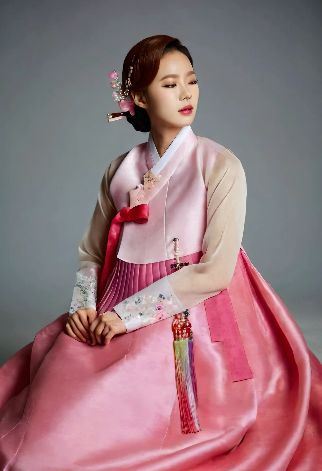 A Korean man in women's hanbok, hi is crossdresser, His face and hairstyle are very masculine, silk, Mother of the Bride hanbok Dress Outfit, breasts like a woman, pink and red, slender female body, sexy see-through jacket, satin, little side view, full body shot, sit quietly