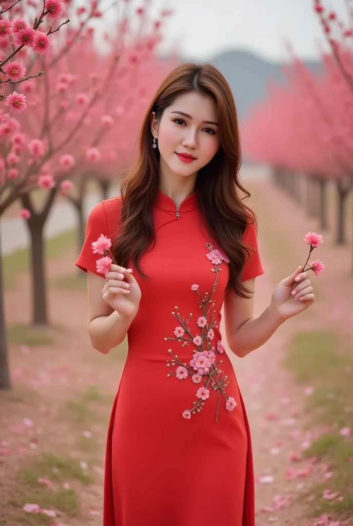 Lisamy, full body view, A serene and vibrant image of a young girl running through a garden of blooming peach blossoms in spring. The woman has long dark brown hair styled in soft curls,with delicate hairpins highlighting her natural beauty. She is wearing a red ao dai,a traditional Vietnamese dress,with embroidered floral details along the front. She poses to reveal her sexy S-curve.,

She holds a small branch of peach blossoms close to her face,creating a harmonious connection with the bright pink flowers around her. Her expression is gentle and slightly melancholy,exuding a sense of peace and nostalgia.,

The background is a lush garden with rows of blooming peach trees,the bright pink flowers creating a dreamy and romantic atmosphere. The soft bokeh effect blurs the foreground and background of the flowers,drawing attention to the woman while maintaining the rich colors and textures of the scene. The light is natural and soft,evoking the warmth and freshness of spring. The overall composition is elegant and poetic,honoring the beauty of both the woman and the beautiful spring scene.