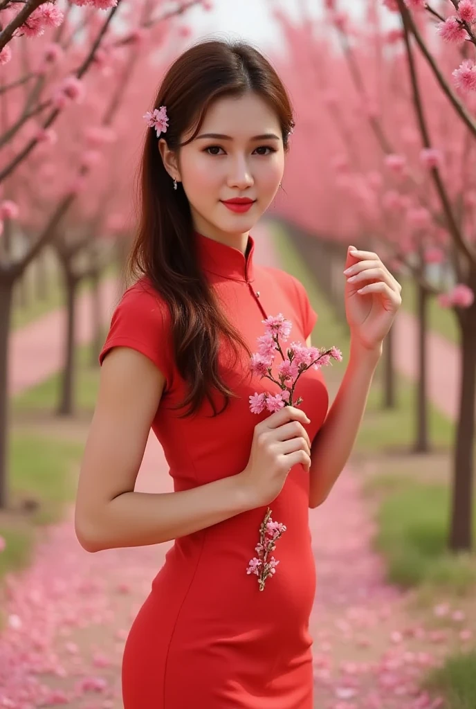 Lisamy, full body view, A serene and vibrant image of a young girl running through a garden of blooming peach blossoms in spring. The woman has long dark brown hair styled in soft curls,with delicate hairpins highlighting her natural beauty. She is wearing a red ao dai,a traditional Vietnamese dress,with embroidered floral details along the front. She poses to reveal her sexy S-curve.,

She holds a small branch of peach blossoms close to her face,creating a harmonious connection with the bright pink flowers around her. Her expression is gentle and slightly melancholy,exuding a sense of peace and nostalgia.,

The background is a lush garden with rows of blooming peach trees,the bright pink flowers creating a dreamy and romantic atmosphere. The soft bokeh effect blurs the foreground and background of the flowers,drawing attention to the woman while maintaining the rich colors and textures of the scene. The light is natural and soft,evoking the warmth and freshness of spring. The overall composition is elegant and poetic,honoring the beauty of both the woman and the beautiful spring scene.