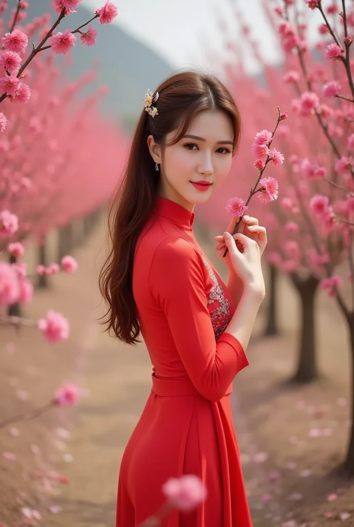 Lisamy, full body view, A serene and vibrant image of a young girl running through a garden of blooming peach blossoms in spring. The woman has long dark brown hair styled in soft curls,with delicate hairpins highlighting her natural beauty. She is wearing a red ao dai,a traditional Vietnamese dress,with embroidered floral details along the front. She poses to reveal her sexy S-curve.,

She holds a small branch of peach blossoms close to her face,creating a harmonious connection with the bright pink flowers around her. Her expression is gentle and slightly melancholy,exuding a sense of peace and nostalgia.,

The background is a lush garden with rows of blooming peach trees,the bright pink flowers creating a dreamy and romantic atmosphere. The soft bokeh effect blurs the foreground and background of the flowers,drawing attention to the woman while maintaining the rich colors and textures of the scene. The light is natural and soft,evoking the warmth and freshness of spring. The overall composition is elegant and poetic,honoring the beauty of both the woman and the beautiful spring scene.