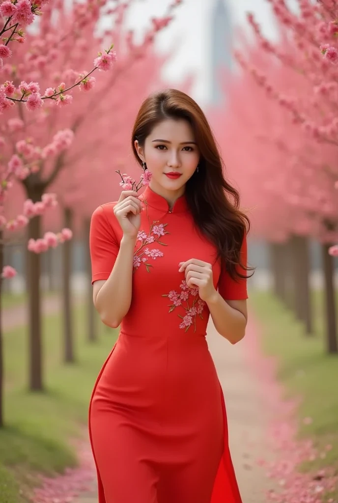 Lisamy, full body view, A serene and vibrant image of a young girl running through a garden of blooming peach blossoms in spring. The woman has long dark brown hair styled in soft curls,with delicate hairpins highlighting her natural beauty. She is wearing a red ao dai,a traditional Vietnamese dress,with embroidered floral details along the front. She poses to reveal her sexy S-curve.,

She holds a small branch of peach blossoms close to her face,creating a harmonious connection with the bright pink flowers around her. Her expression is gentle and slightly melancholy,exuding a sense of peace and nostalgia.,

The background is a lush garden with rows of blooming peach trees,the bright pink flowers creating a dreamy and romantic atmosphere. The soft bokeh effect blurs the foreground and background of the flowers,drawing attention to the woman while maintaining the rich colors and textures of the scene. The light is natural and soft,evoking the warmth and freshness of spring. The overall composition is elegant and poetic,honoring the beauty of both the woman and the beautiful spring scene.