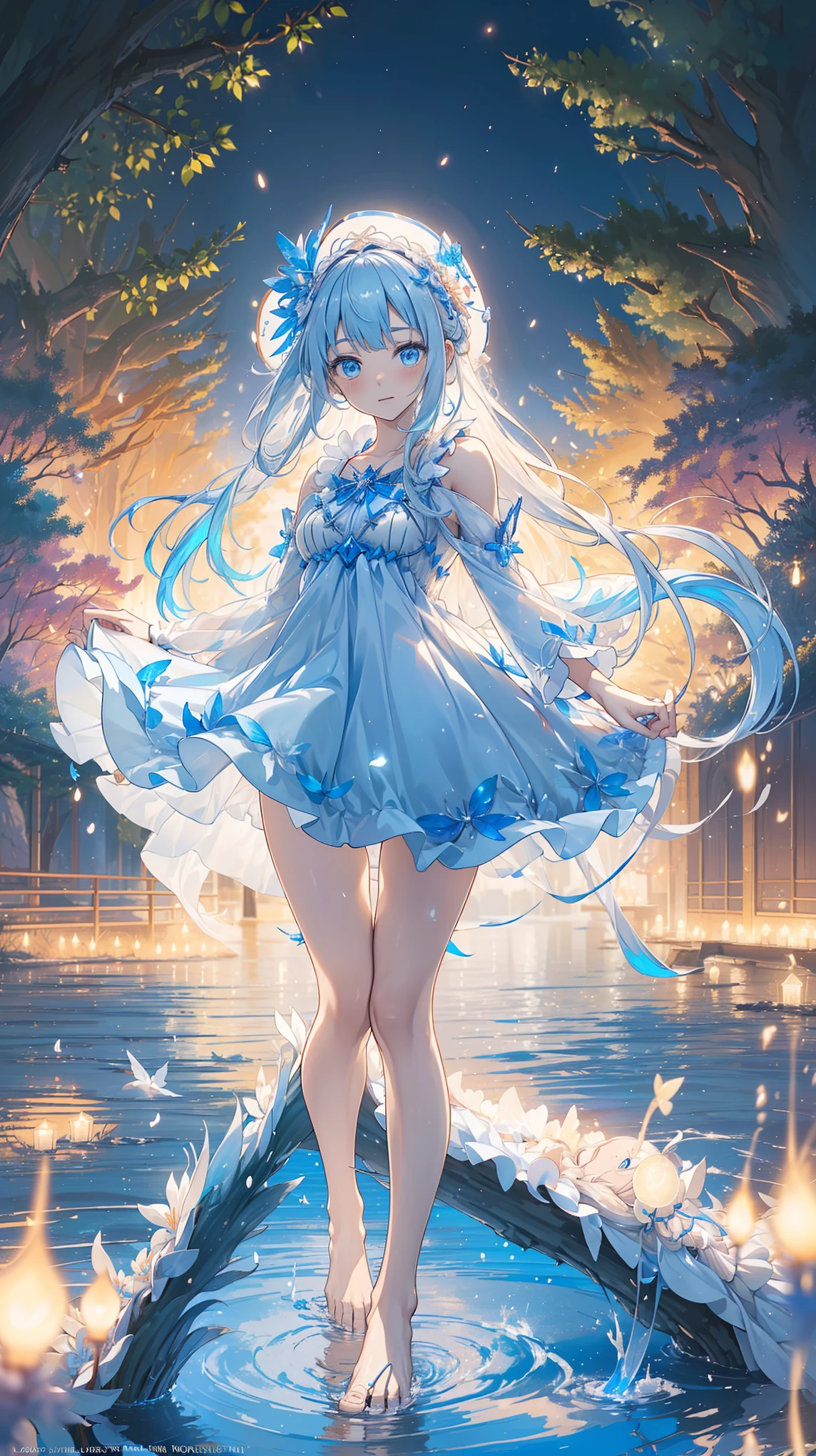 a girl , The most beautiful woman in the world, Side seated , White hair, Long Bian , White hair, blue eyes , ((( Barefoot in the water , Lightly dressed ta,Small hat, The dress has moving streamers ) )), Deep Magical Forest , Growing Neon Flowers and Fireflies , Colorful flowers and leaves , { Extremely Detailed 16k CG Unit Wallpaper}, Wide-ranging landscape photography, ( The focus is on characters and scenes ), ( wide field of view ), (Low Angle Shot), (emphasize: 1.2), (Low Light: 1.7), ( Warm light source: 1.2), Complex details , ( iridescent color : 1.5), ( brightly illuminate ), (Ambient lighting )