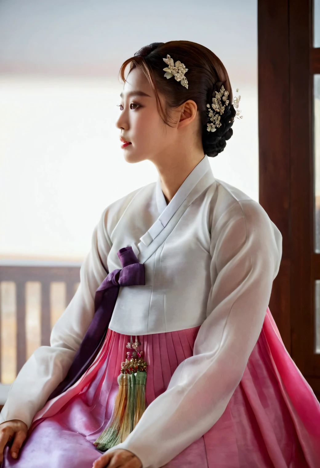 A Korean man in women's hanbok, hi is crossdresser, His face and hairstyle are very masculine, silk, Mother of the Bride hanbok Dress Outfit, breasts like a woman, white, slender female body, sexy see-through jacket, satin, little side view, full body shot, sit quietly