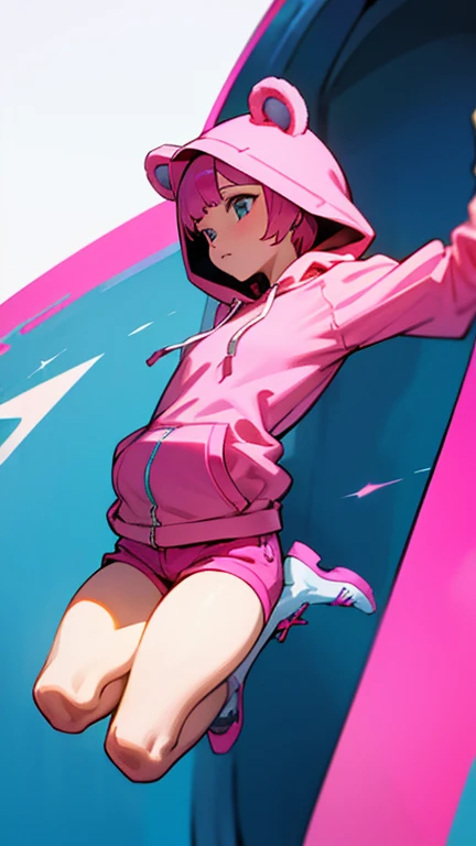 like pop art, best quality, super fine, 16k, incredibly absurdres, extremely detailed, delicate and dynamic, cute female fighter, awkward smile, light brown messy wavy short hair, purple eyes, pink seamless turtleneck full bodysuit, purple down jacket, purple boots, heart hand mark, mysterious pop-shaped long gun, wind, wind-effect, background pastel colored lab factory