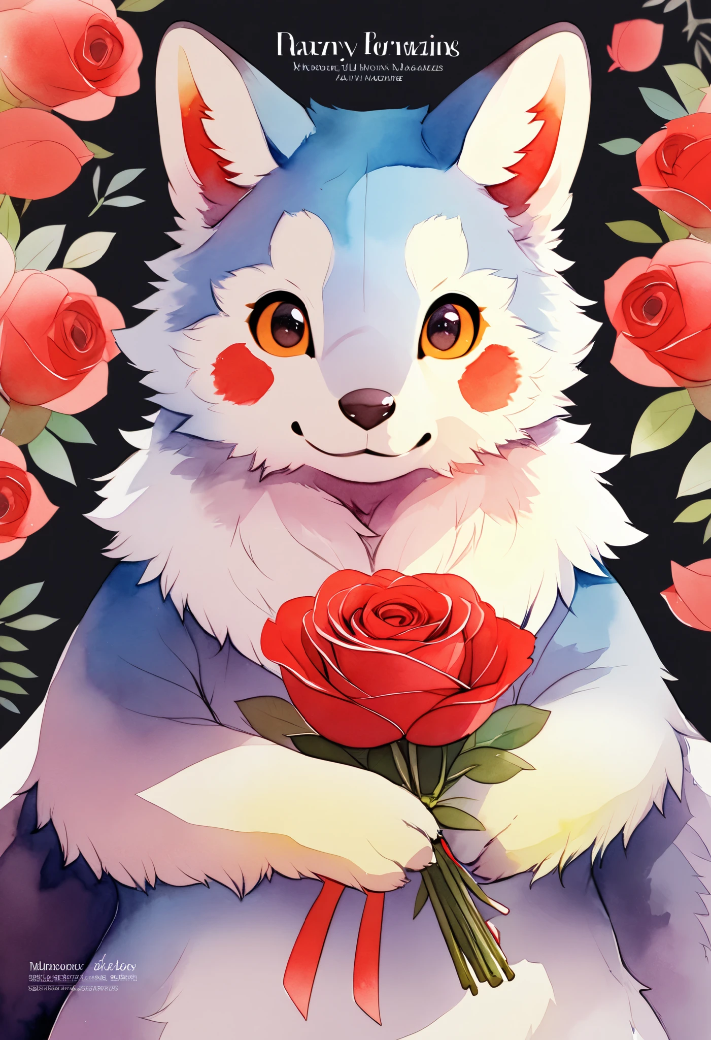 cover page, marriage information magazine, Watercolor elements, 1girl, kemono, furry, detailed body fur, animal face, animal hand, cute girl holding a red rose and looking at viewer,