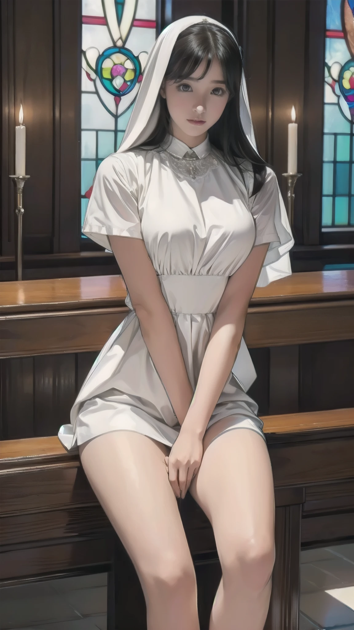 ultra best quality、in 8K、masuter piece、delicate illustration)、(Deities々Shikai:1.2)、((A Japanese female priest with a very young child, , with her legs spread very wide.))、very thin body、very thin waist、Priest'dress raid hairstyle、((very short stature))、((Church priest's flashy white lewd dress))、raid hairstyle、drooping bangs、Medium Long Hair、(Cross Necklace:1.3)、((right in front of the girl:1.4))、A big smile when looking at the camera、(Church altar)、(((A very young child of 8 years old smile and medium breasts spreads her legs wide on the church altar and seduces her followers.)))、(((Smiling very erotic and showing her sexy panties that are small)))、(((A girl who loves to spread her legs very wide and show off her beautiful pussy line.)))、(NSFW)、