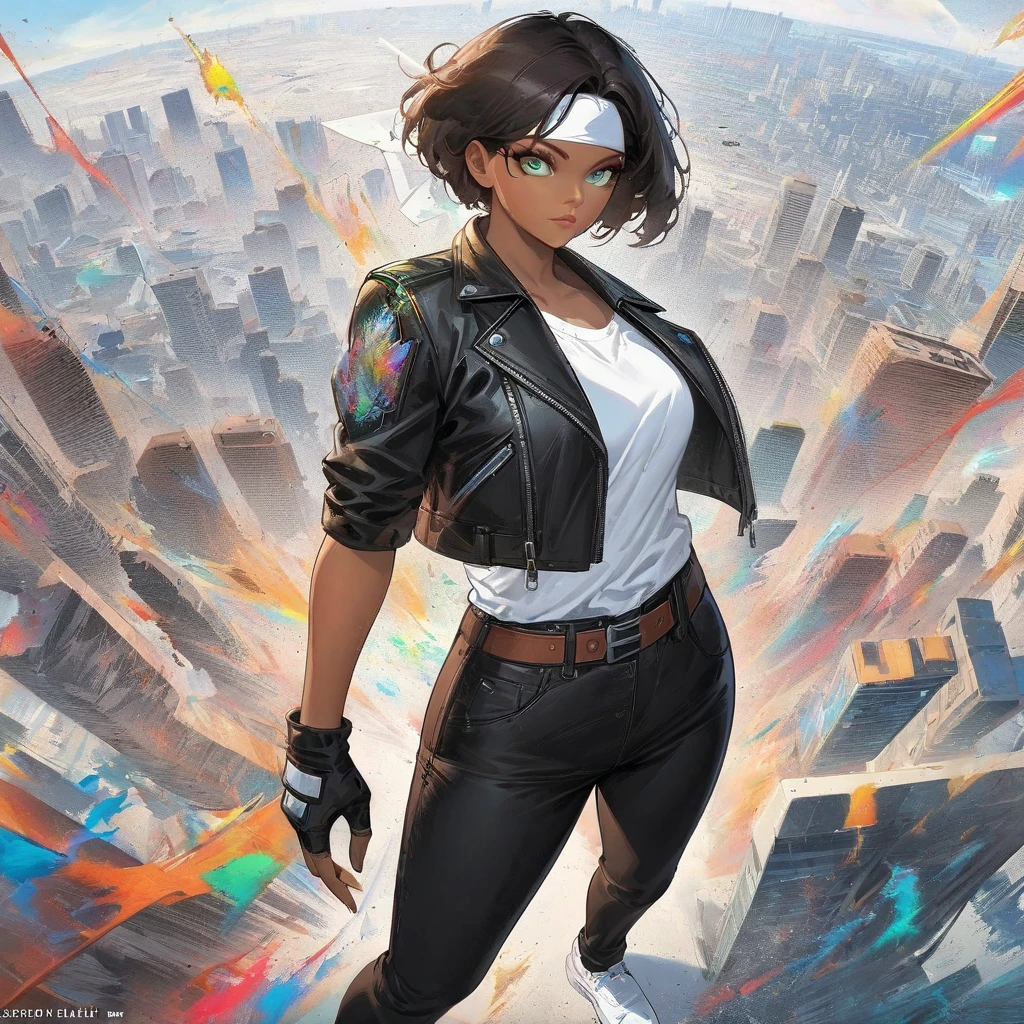 A woman in a black jacket and white shirt is standing in front of the city, Artgerm and Atey Ghailan , Arena Aenami and Art Germ , Makoto Shinkai (  Apex Legends ),  Artgerm Julie Bell Beeple ,  in the style of Art Germ, digital Cyberpunk anime art,   very detailed artgerm , Cyberpunk anime art