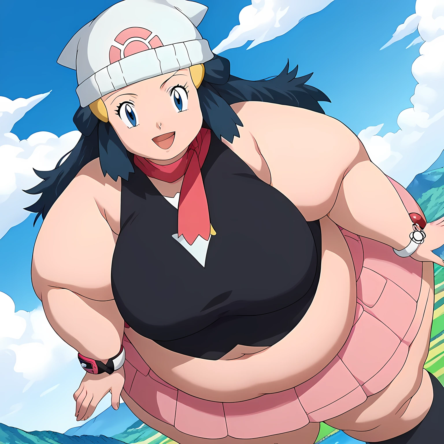 score_9, score_8_up, score_7_up, source_anime, pokemondawn, pokemon dawn, black hair, blue eyes, sidelocks, long hair,, bare shoulders, beanie, black shirt, black socks, bracelet, hat, jewelry, kneehighs, miniskirt, pink skirt, red scarf, scarf, shirt, skirt, sleeveless, sleeveless shirt, white headwear,, landscape, bent over, smile, looking at viewer, solo, cowboy shot, dutch angle fat, chubby, obese, gigantic arms and legs, large breasts open mouth, 
