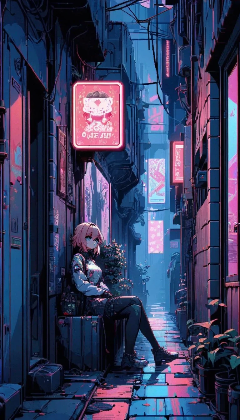 score_9, score_8_up, score_7_up, score_6_up, masterpiece, high quality, best quality, pixel art, 1girl, sitting by the window, back alley, neon light, night street, wide shot, neon light illuminates the room