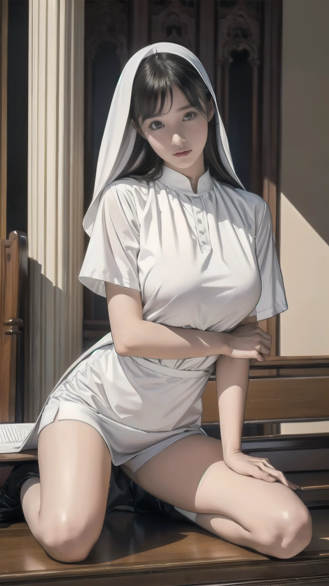 Nun, white hair, white skin, white body, fair skin, nude, pussy