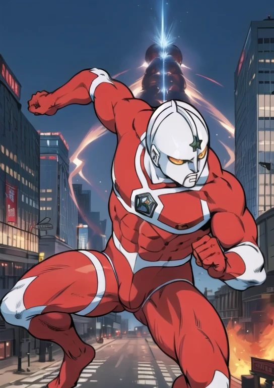 masterpiece,  best quality,(Realistic Touch,Burning City), Ultraman,120m tall , metallic skin,Muscular, , Masculinity、Robust， crotch bulge，Stocky build、Pinch in battle 、Struggling、be attacked by the enemy、suffer