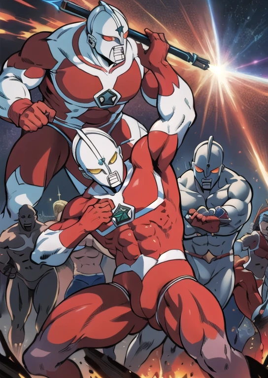 masterpiece,  best quality,(Realistic Touch,Burning City), Ultraman,120m tall , metallic skin,Muscular, , Masculinity、Robust， crotch bulge，Stocky build、Pinch in battle 、Struggling、be attacked by the enemy、suffer